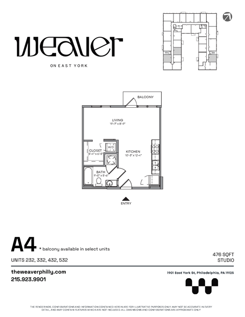 Studio Floor Plan A4 at The Weaver, Philadelphia, PA, Pennsylvania